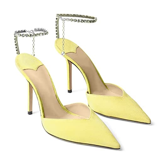 LauraVicci Women's Crystal Chain Heeled Sandals with Rhinestones Buckle Satin Shoes — Yellow Suede