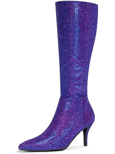Allegra K Women's Sparkle Pointy Toe Knee High Boots — Purple