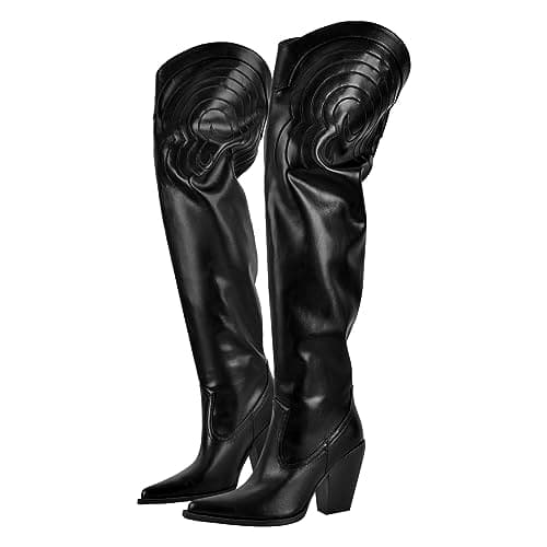 Richealnana Women's Chunky Heel Knee High Cowboy Boots