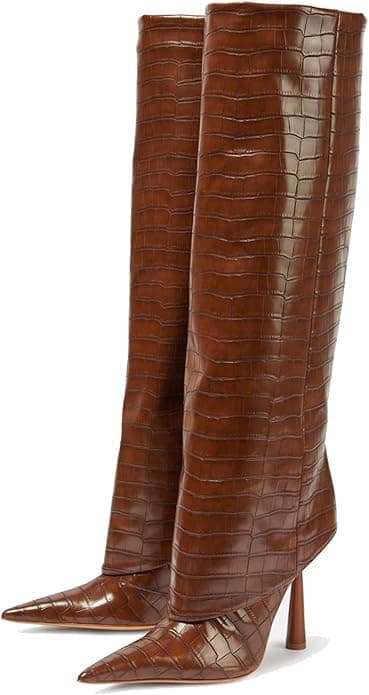 Vertundy Women's Pointed Toe Stiletto Heel Knee High Fold Over Boot — Brown Crocodile Pattern