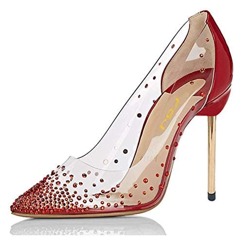 FSJ Women's Studded Pointed Toe Transparent High Heels with Bowknot US 4-15 M — Red-2