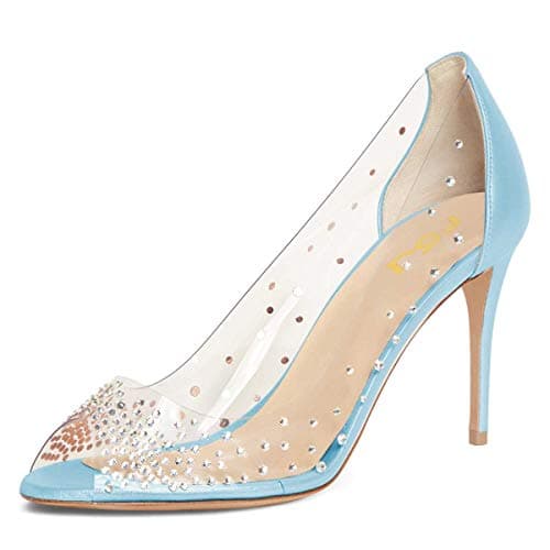 FSJ Women's Studded Pointed Toe Transparent High Heels with Bowknot US 4-15 M — Sky Blue