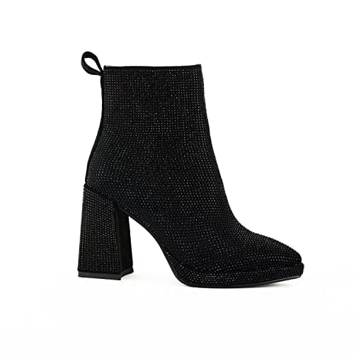 Stefaniya Nina Women's Sparkly Rhinestone Ankle Boots Chunky Heels Zipper Party Prom Booties