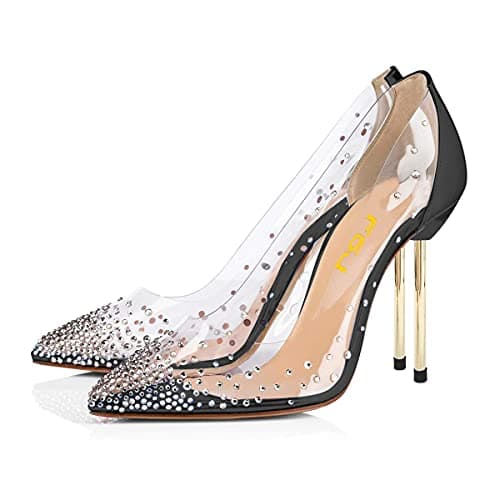 FSJ Women's Studded Pointed Toe Transparent High Heels with Bowknot US 4-15 M — Black-transparent