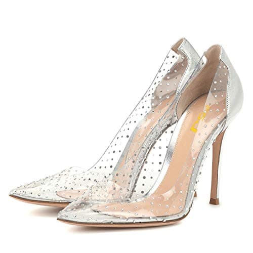 FSJ Women's Studded Pointed Toe Transparent High Heels with Bowknot US 4-15 M — Silver-4