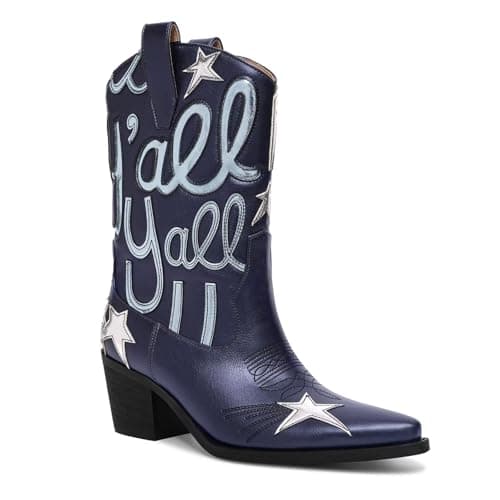 HOCHFART Women's Mid-Calf Metallic Cowboy BootsFashion Embroidery Pull-On