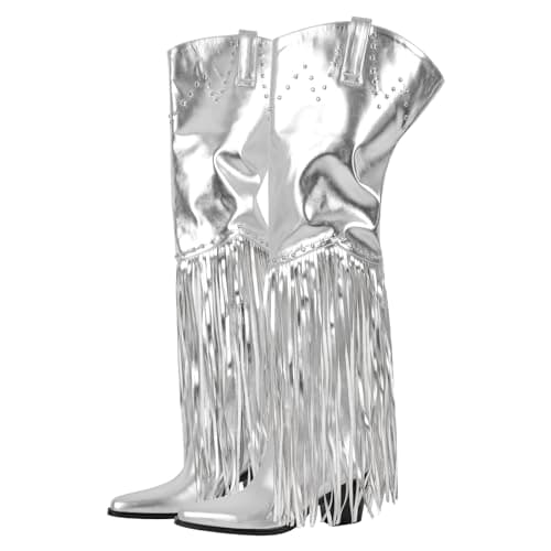 Richealnini Fringe Thigh High Zip-Up Western Boots — Silver