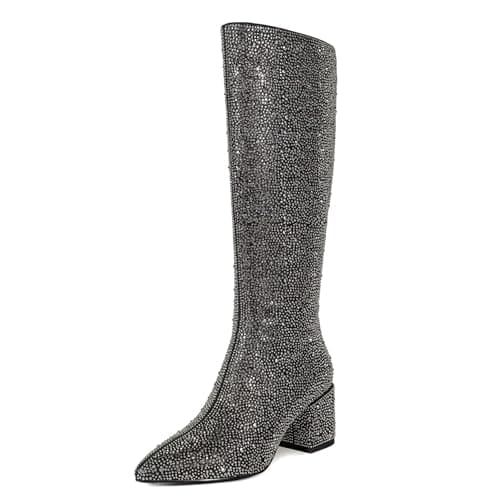 Wetkiss Sparkly Rhinestone Knee High Boots for Women Weddings Dates — L-gray Rhinestone