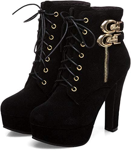 ForeMode Women's Gothic Leather Ankle Boots with Studded Strap — Black-c-4