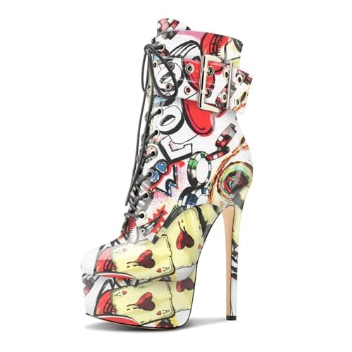 Womens Aachcol Stiletto Heel Platform Ankle Boots Patent Leather Zipper Buckle — Poker Pattern