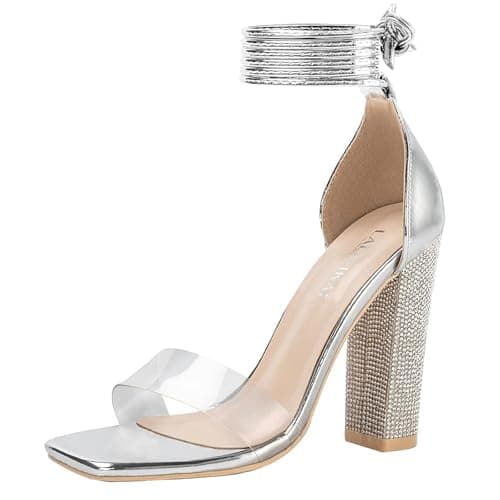 LALA IKAI Chunky Heeled Open Toe Sandals, White, Silver, Gold, Black — Silver(square Toe)