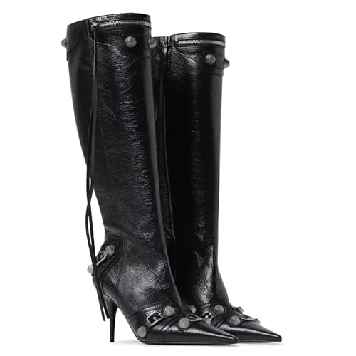 VOMIRA Pointed Toe Rivets Tassels Knee High Stilettos for Women