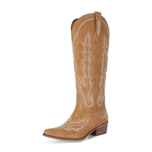 Stalov Western PointedToe Chunky Heel Knee High Cowgirl Boots — Tan