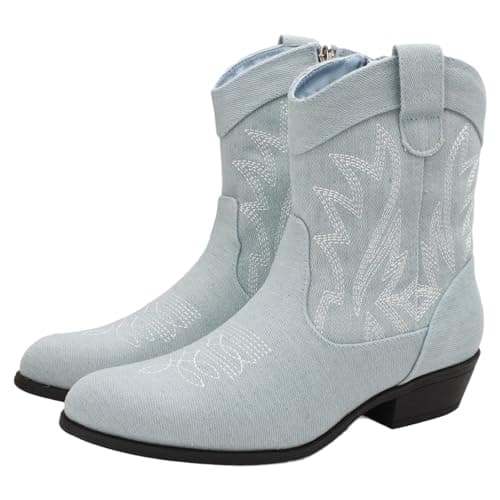 PEPPEP Collection Western Cowgirl Boots for Women, Vegan Leather, Embroidered Mid Calf Heel — Jeans