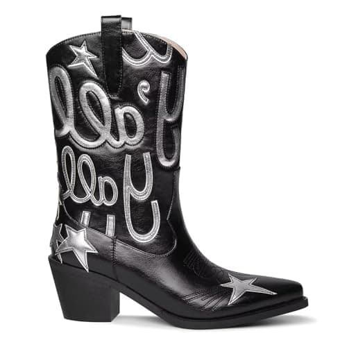 HOCHFART Women's Mid-Calf Metallic Cowboy BootsFashion Embroidery Pull-On — Black