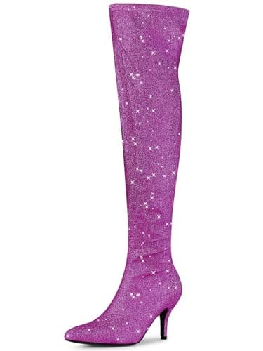 Allegra K Women's Glitter Knee High Stiletto Heel Boot — Purple