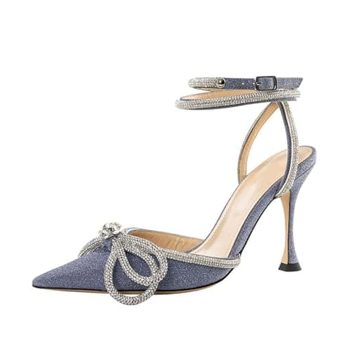 Arqa Crystal Ankle Strap Stiletto Heels for Women Wedding Shoes — Silver Glitter