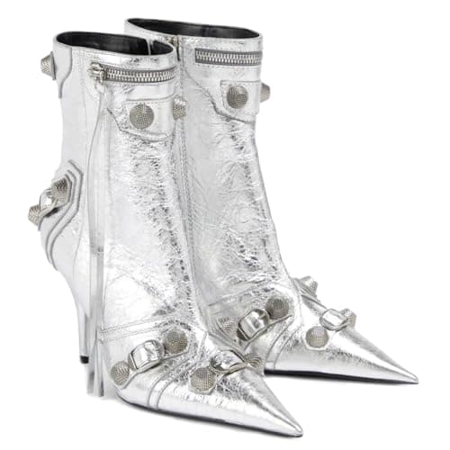 VOMIRA Pointed Toe Rivets Tassels Knee High Stilettos for Women — 2silver