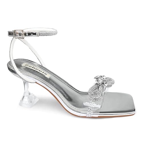 Zzheels Clear Crystal Double Bowknot Slingback Heels for Party and Weddings — 2.76“silver Bow