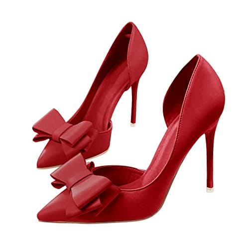 Coutgo Women's Bow Heeled Closed Toe Stiletto Wedding Pumps — Wine Red