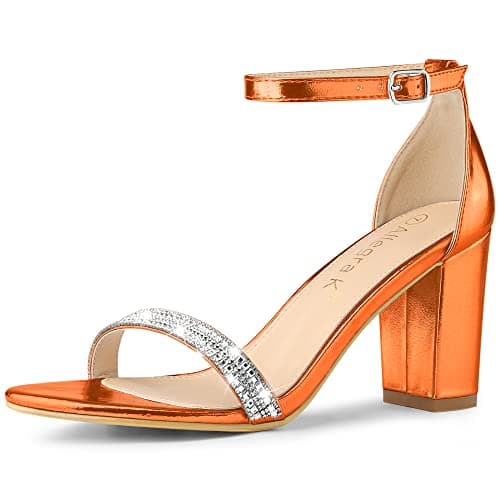 Allegra K Women's Rhinestone Ankle Strap Chunky Heels — Orange