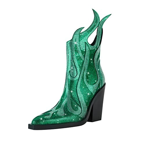 Feinlina Women's Sparkly Rhinestone PointedToe Chunky Heeled Cowboy Booties — Green