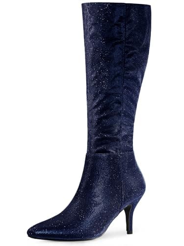 Allegra K Women's Sparkle Pointy Toe Knee High Boots — Deep Blue