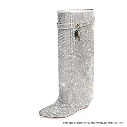 MUTTO-1 Women's Rhinestone Knee-High Fold-Over Wedge Heel Boots
