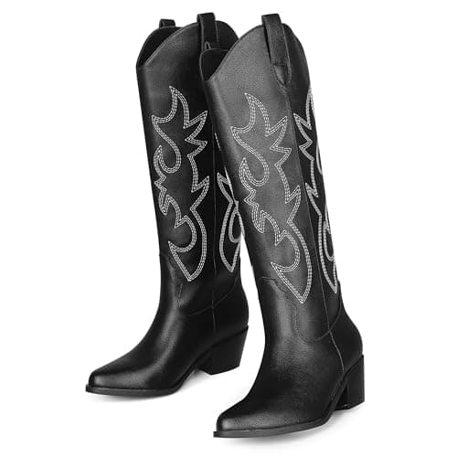 Femflame Pointed Toe Embroidered Knee High Cowgirl Boots — Black