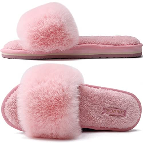 COFACE Women's Memory Foam Plush Slip-On Slippers Anti-Skid Fur Indoor Outdoor — Darkpink With Fur