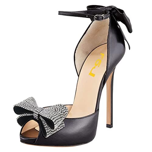 FSJ Women's Bridal Stiletto Heels with Ankle Straps and Buckle Size 4-15 US — Black Rhinestone