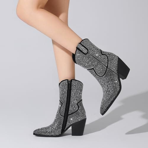 LUMUTA Western Rheinstone Cowboy Boots for Women Comfortable Side Zip Ankle Heels