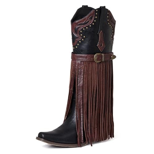 SaraIris Women's Fashion Pointed Toe Western Bootie, 2.75" Heel, Embroidered Fringe, Mid Calf Boots — 1 Black Brown