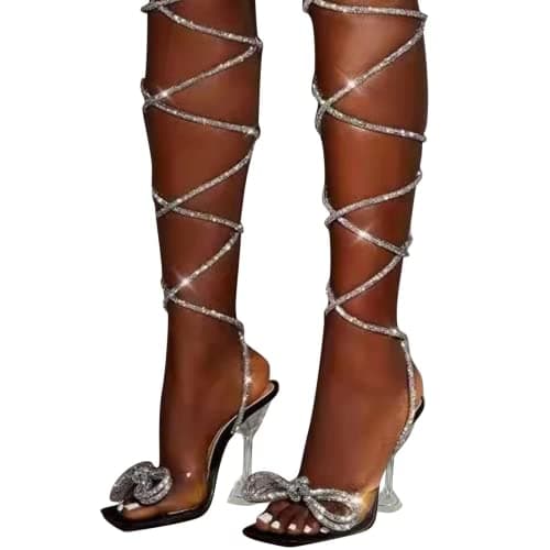ZBYY Women's Lace Up Rhinestones High Heel Sandals for Dress Party Wedding