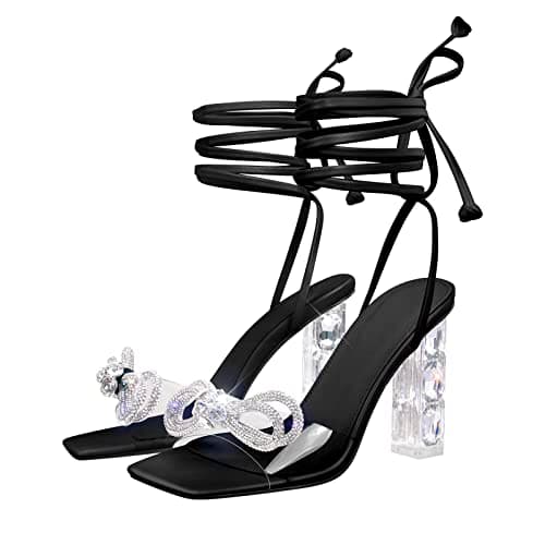 Richealnini Women's Square Toe Clear Heel Sandals — Black