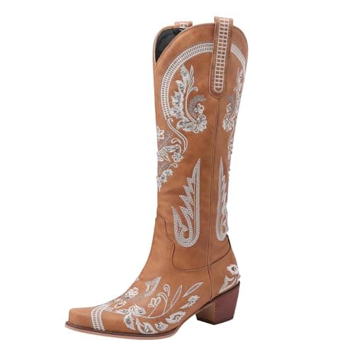 KiutSymo Sparkly Vintage Embroidered Cowgirl Boots Mid Calf Heel Wedding Western — Brown-2