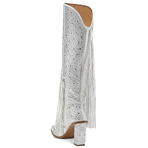 Ouepiano Women's Fringe Rhinestone Zipper Knee High Cowboy Boots for Girls Party Date