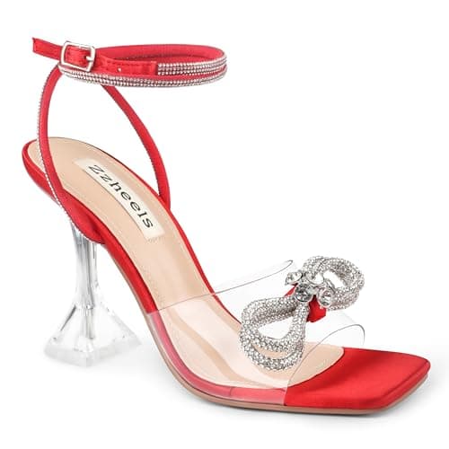 Zzheels Clear Crystal Double Bowknot Slingback Heels for Party and Weddings — 3.74"red