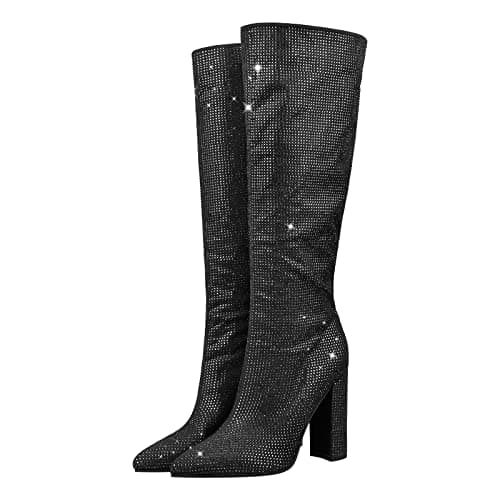 OnlyMaker Chunky Heel Rhinestone Knee High Boots for Women — Black