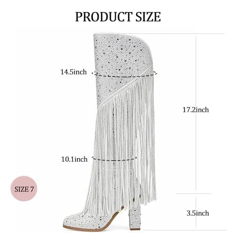 Ouepiano Women's Fringe Rhinestone Zipper Knee High Cowboy Boots for Girls Party Date