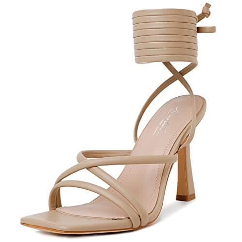 Mostrin Women's Strappy Heels Lace Up Square Toe High Heeled Sandals for Prom, Party & Daily Wear — Nude