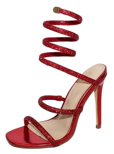Bonnibel Women's Rhinestone Spiral Ankle Strap Heels Sandals — Red Rhinestone