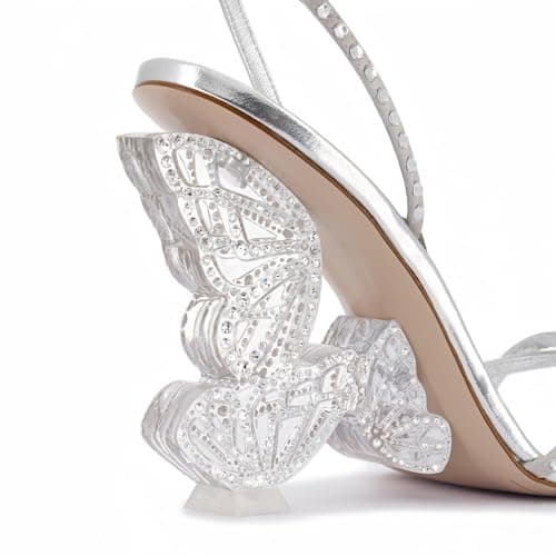 Longwenxuan Open Pointed Ankle Strap Rhinestone Heels for Women