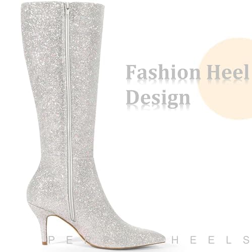 Perphy Women's Sparkly Stiletto Heel Knee High Boots