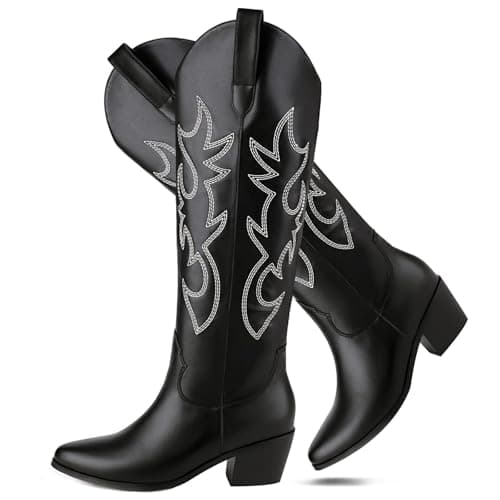 Stalov Western PointedToe Chunky Heel Knee High Cowgirl Boots — Black-2