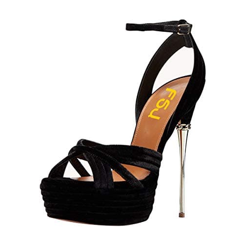 FSJ Women's Metallic Open Toe Stiletto Heel Platform Sandals Size 4-15 US — Black Suede