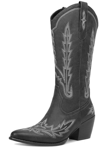 Red RONILURN Women's Cowboy Boot Mid Calf Embroidered Pointed Toe Pull-On Boot — Grey Mid Calf