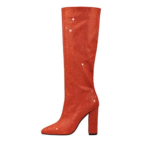 Richealnana Women's Rhinestone Block Heel Knee-High Boots — Red