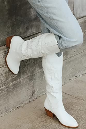 Stalov Western PointedToe Chunky Heel Knee High Cowgirl Boots