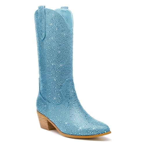 KEEISEA Women's Sparkle Rhinestone Cowboy Boots Wide Glitter Fashion Party — Mid-calf Teal